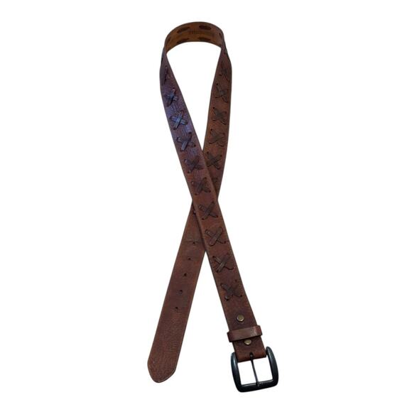 Aeropostale Mens Brown Distressed Leather Belt X Pattern Sz XL 44"x1.5" Wide - Picture 2 of 7
